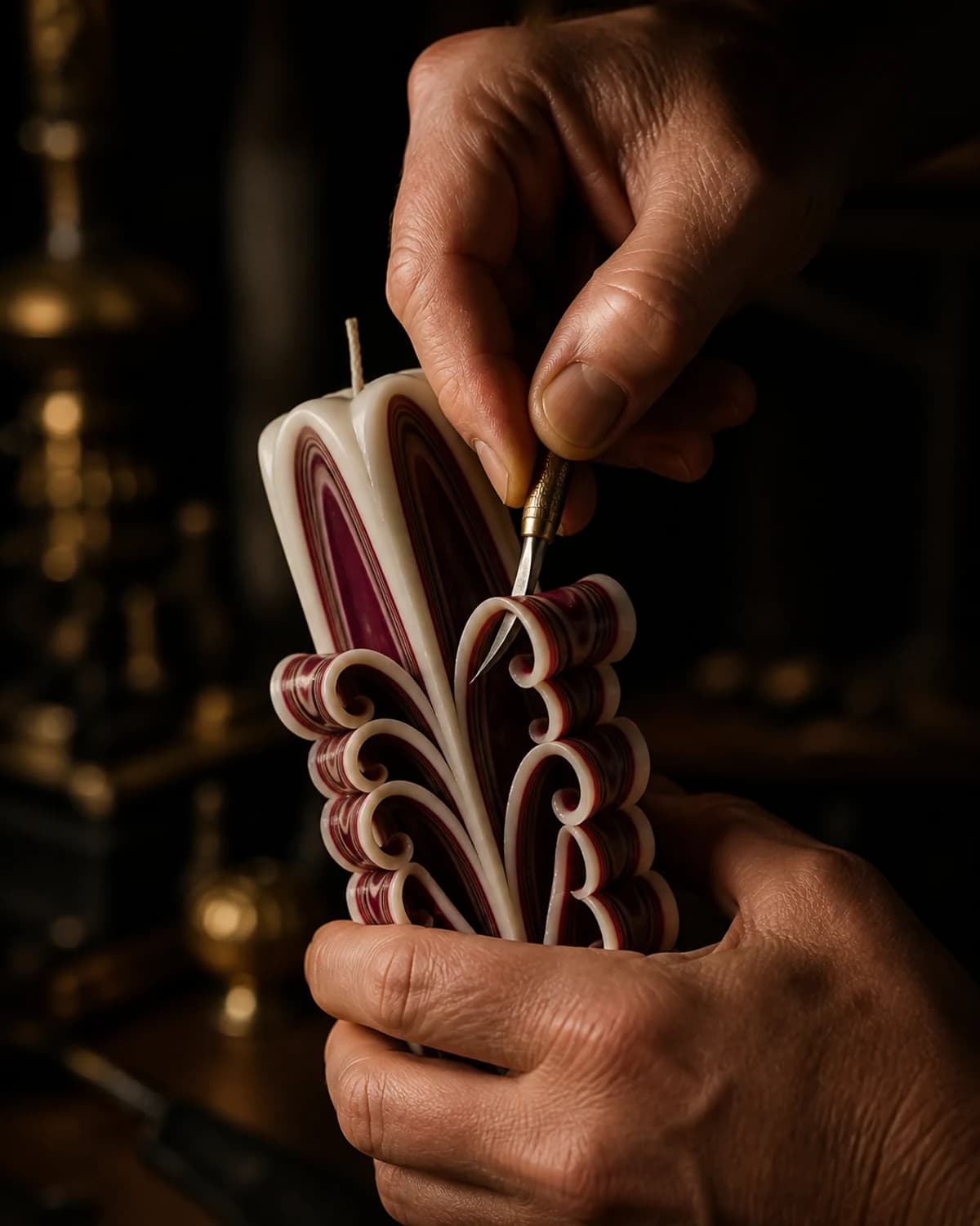 Editorial representation of artisan hands precisely carving layered wax