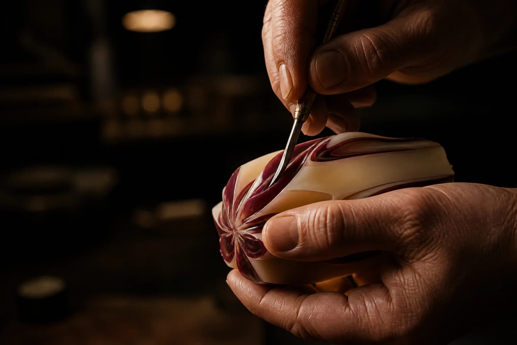 Editorial representation of artisan hands precisely carving layered wax