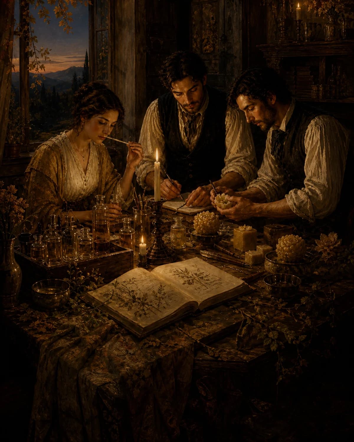 Symbolist illustration of the fictional Valvienne legend, with French and Romanian artisans in a manor workshop