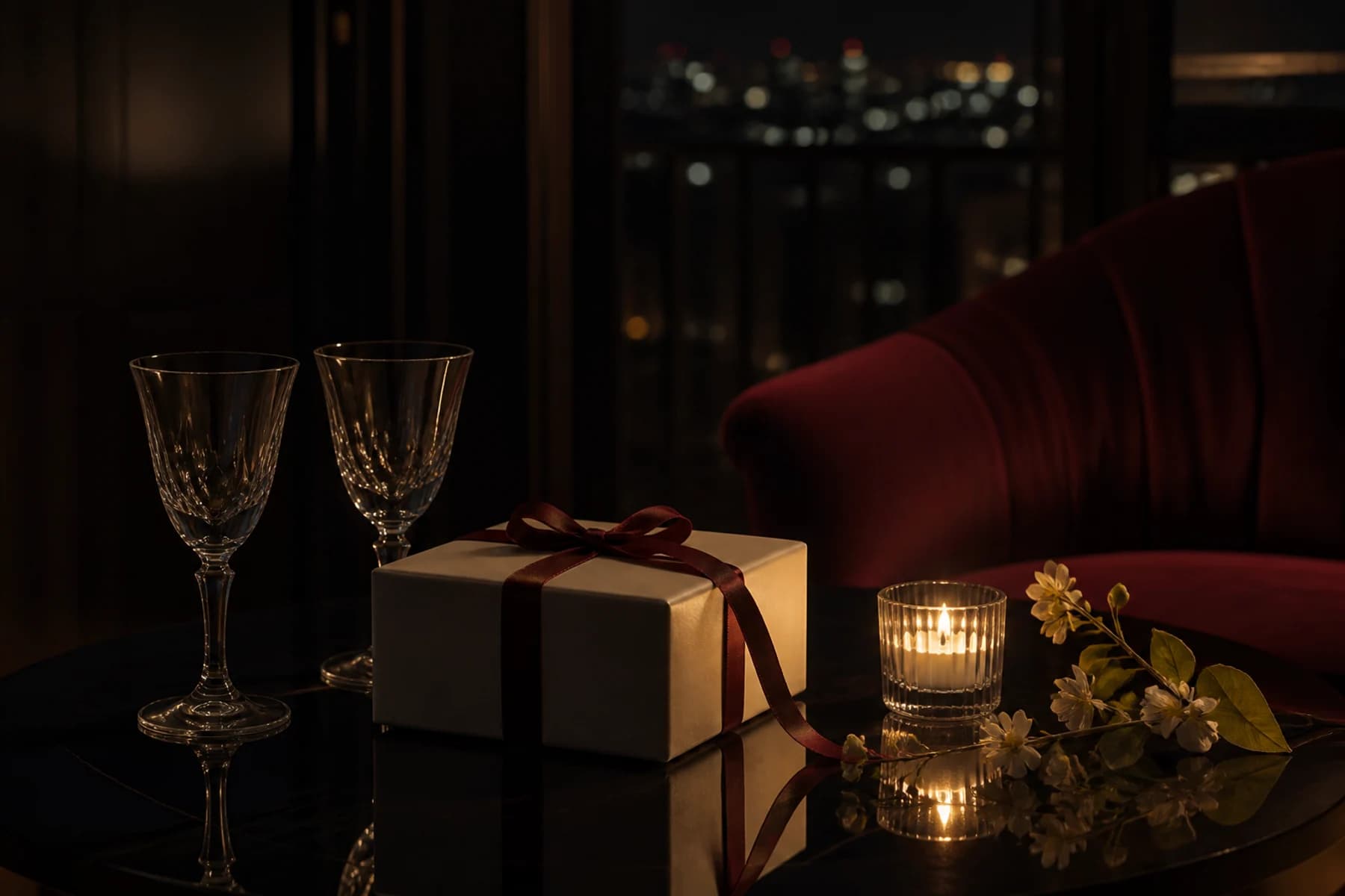 Elegant gift and warm candlelight in a refined nocturnal interior